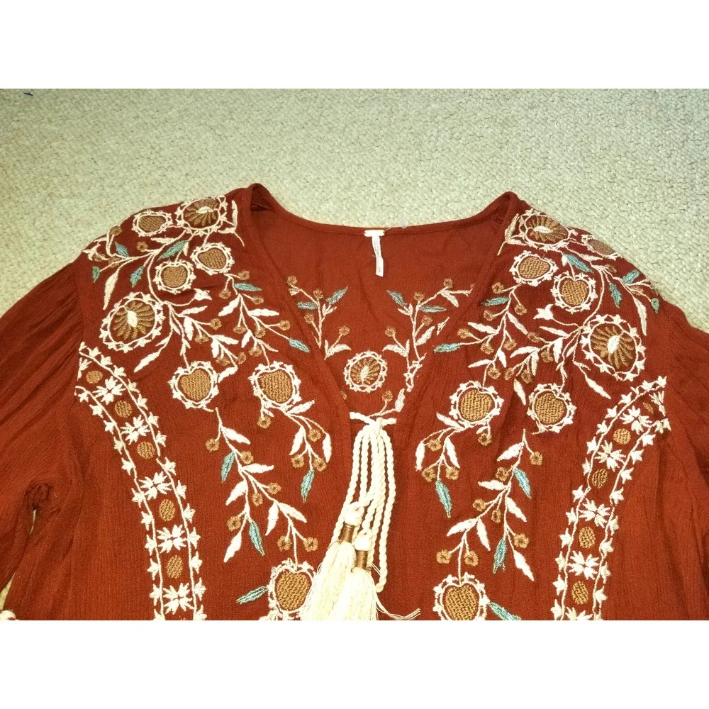 Womens Top-FREE PEOPLE-'Rust' rayon 'Wild Dreams Embroidered Tunic' boho-S